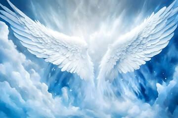 angel wings with mystic divine sky like spiritual, angelic, religious and mystical background  - obrazy, fototapety, plakaty