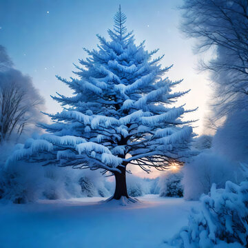 Christmas tree in winter landscape covered with snow like beautiful xmas holiday concept and beauty of season winter 