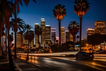 Fototapeta premium Los Angeles at dusk, the skyline illuminated by a vibrant tapestry of city lights, palm trees lining the boulevards, a warm, coastal breeze in the air