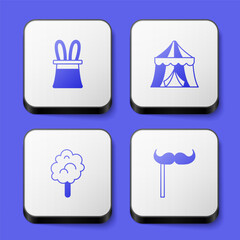 Set Magician hat and rabbit ears, Circus tent, Cotton candy and Paper mustache stick icon. White square button. Vector