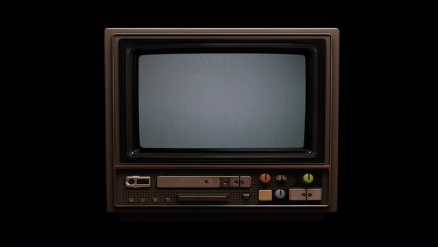 blank old flickering tube tv monitor isolated on black background, cool video or photo placeholder for your content in 4k with luma mask.	