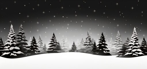 Obraz premium minimalist black and white christmas background with trees, snow and stars, Xmas card background banner, copy space for text