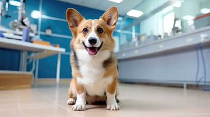 Photo of a corgi dog in a veterinary clinic