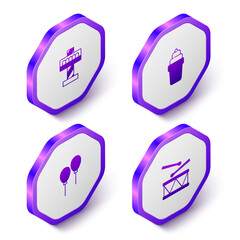 Set Isometric Attraction carousel, Ice cream in waffle, Balloons with ribbon and Drum drum sticks icon. Purple hexagon button. Vector