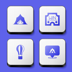 Set Circus tent, Casino win, Hot air balloon and icon. White square button. Vector