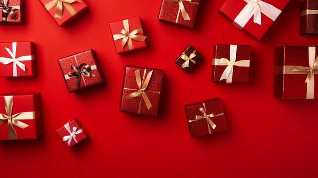 Top view of assorted gift boxes on a vibrant red background.