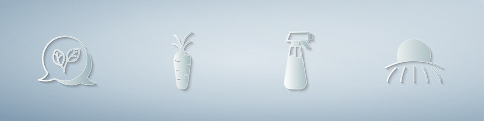 Set Leaf, Carrot, Garden sprayer for water and Sunrise. Paper art style. Vector