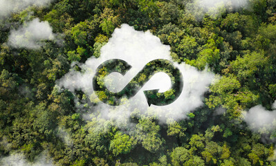 circular economy icon The concept of an endless and limitless circular economy for business growth and a sustainable future on the background of nature and the environment. - obrazy, fototapety, plakaty