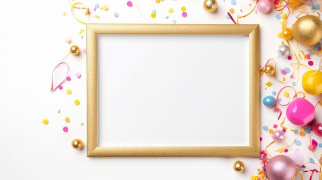 top view of confeties and decorations around a golden colored frame with white background.