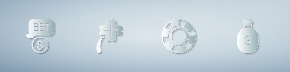 Set Casino chip with dollar, slot machine clover, chips and Money bag. Paper art style. Vector