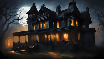 Fototapeta na wymiar A chilling Halloween night in a haunted house, where mysterious shadows, creaking floorboards, and eerie whispers add to the spine-tingling atmosphere.