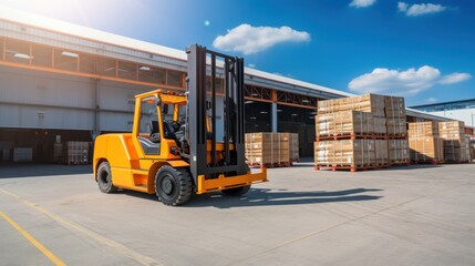 Forklift truck handling cargo shipping container box in logistic shipping yard - obrazy, fototapety, plakaty