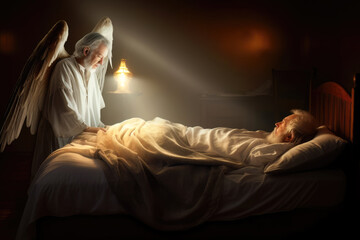 Ein weiser, älterer Engel im Licht steht am Bett eines alten Mannes