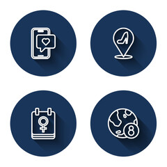 Set line Mobile with heart, Woman shoe, Calendar 8 March and International Women Day with long shadow. Blue circle button. Vector