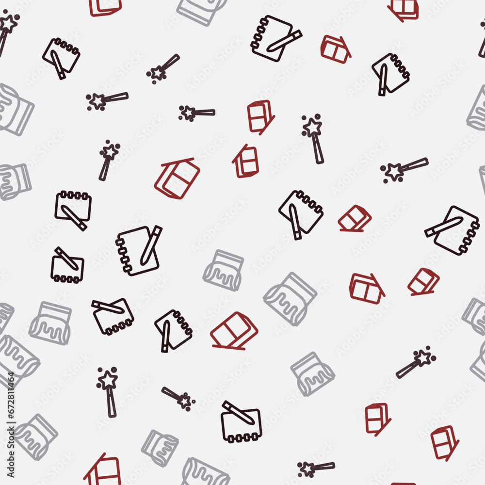 Poster set line notebook, magic wand, paint bucket and eraser or rubber on seamless pattern. vector