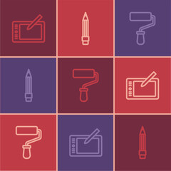Set line Graphic tablet, Paint roller brush and Pencil with eraser icon. Vector