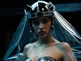 Fashion portrait of a woman wearing a helmet