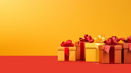 vibrant red gift boxes on a sunny yellow background.
