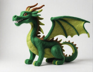 Green Wooden Dragon from felting on a white background