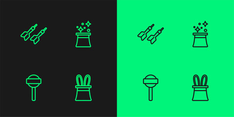 Set line Magician hat and rabbit ears, Lollipop, Dart arrow and icon. Vector