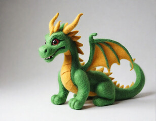 Green Wooden Dragon from felting on a white background