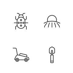 Set line Garden trowel spade or shovel, Lawn mower, Colorado beetle and Sunrise icon. Vector