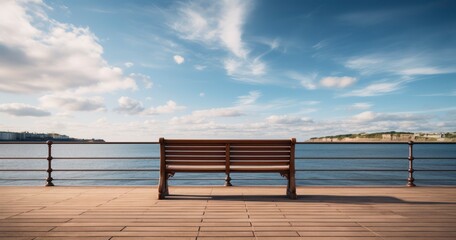 Fototapeta na wymiar Harbor Haven - An empty bench sitting on a pier with a calm ocean in the background. Generative AI