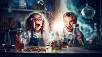 Group of children at laboratory for science test, Laughing for blast and smoke in class, exciting testing - obrazy, fototapety, plakaty
