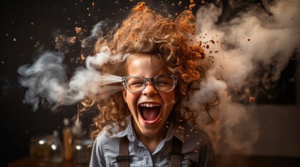 Funny children at laboratory for science test, Laughing for blast and smoke in class, exciting testing - obrazy, fototapety, plakaty