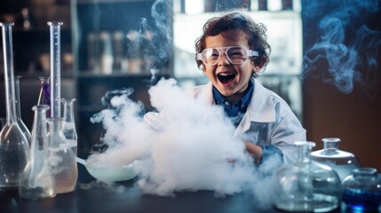 Funny children at laboratory for science test, Laughing for blast and smoke in class, exciting testing
