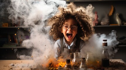 Funny children at laboratory for science test, Laughing for blast and smoke in class, exciting testing