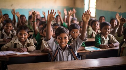 Fototapeta premium Students raise their hands to answer in the classroom. education and school concept