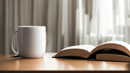 A casual holiday with hot coffee in a white coffee mug put on the book with the warm morning sunshine from the window to feel relaxed good for relaxing