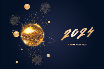 Happy New Year 2024. Golden disco ball. Lettering. Vector illustration.