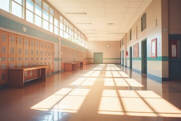 Early morning vacant classroom and hallway with sunlight streaming in / School life, campus location, concept image of youth and nostalgia / 3D rendering. Generative AI - obrazy, fototapety, plakaty