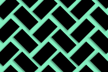 Mockup of a stack of black business cards arranged in rows on a green textured paper background.