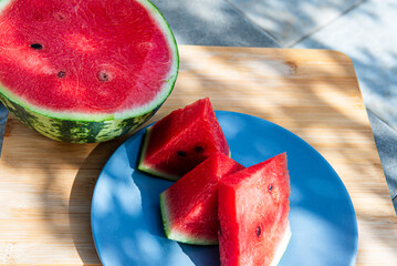 Freshly cut watermelon slices. Watermelon slices at a lunch.