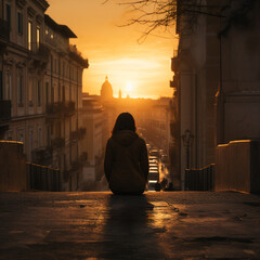 lonely and sad woman woman in an old european city at sunrise - obrazy, fototapety, plakaty