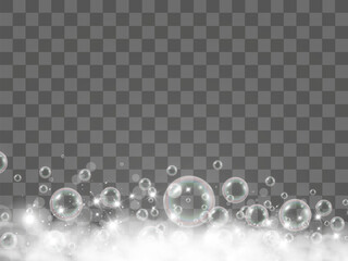 Air bubbles on a transparent background. Soap foam vector illustration.	


