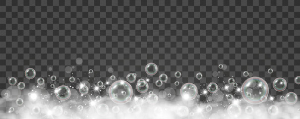 Air bubbles on a transparent background. Soap foam vector illustration.	

