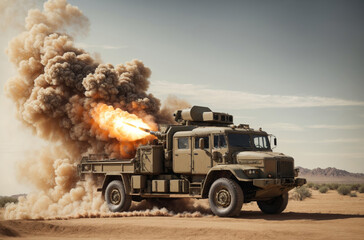 A war rocket is launched from an armored rocket launcher military truck.