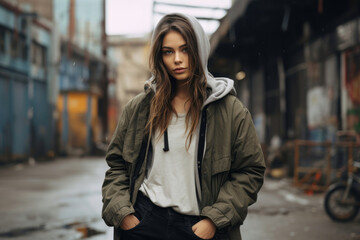 A person in grungy attire against an urban street backdrop, showcasing the edgy and streetwise...