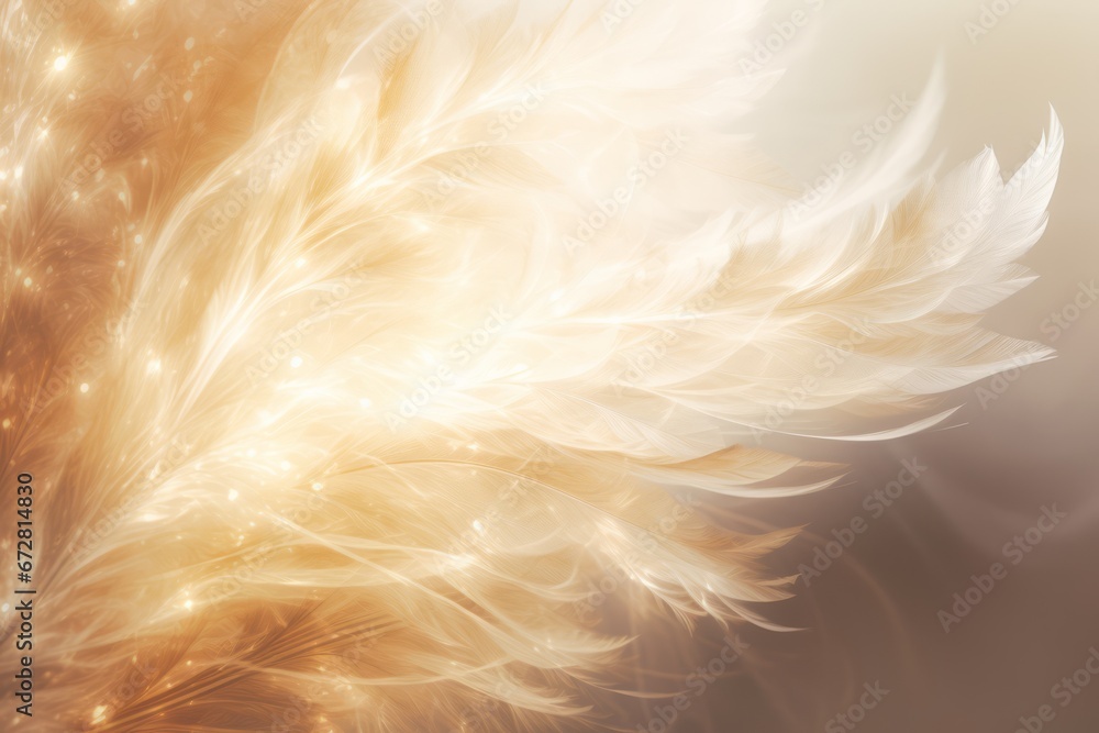 Wall mural ethereal golden feathers background, glowing light shines through, light and airy design