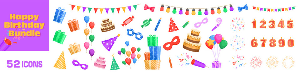 Happy birthday icons. Happy birthday icon set. Celebrate decoration. - 672815000