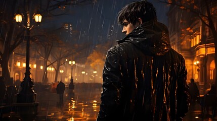 Obraz premium A sad broken person in a raincoat walking on a rainy street at night, rainy night depression art, rainy street at night representation