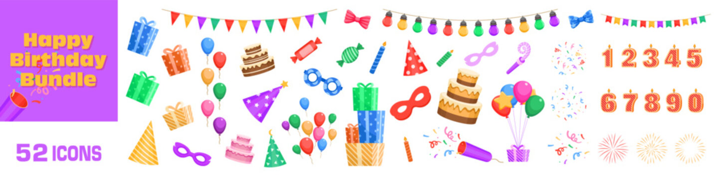 Happy birthday icons. Happy birthday icon set. Celebrate decoration.