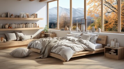 Comfortable bed with pale mustard and white linens, bright pillows and blankets by the window.