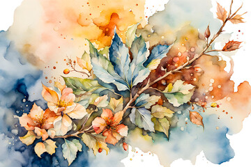 Watercolor floral artwork. Aesthetic painting with flowers and leaves.