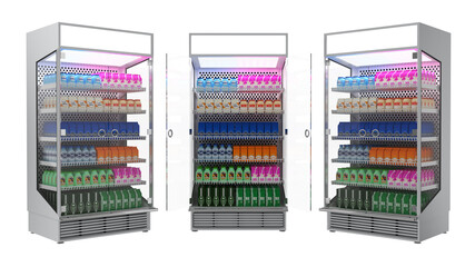 Refrigerated showcase with dairy products. 3d illustration
