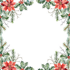 Watercolor vector poinsettia, eucalyptus frame in rhombus shape with spruce, fir, cedar branches, eucalyptus and pine cones. Hand drawn.Template space for text, message, sign for greeting cards.